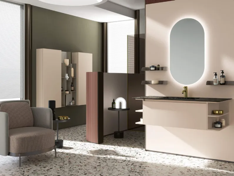 Mobile da Bagno sospeso 3Punto0 118 in laccato nude opaco e top in HPL di Rab Arredobagno