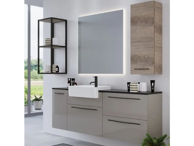 Mobile da Bagno sospeso in laccato opaco, melaminico effetto legno e alluminio Arborea Comp 04 di Maxbagni