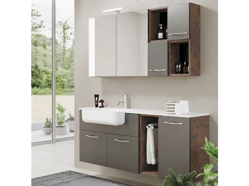 Mobile da Bagno sospeso in melaminico con top in mineralsolid bianco opaco con vasca integrata Arborea Comp 06 di Maxbagni