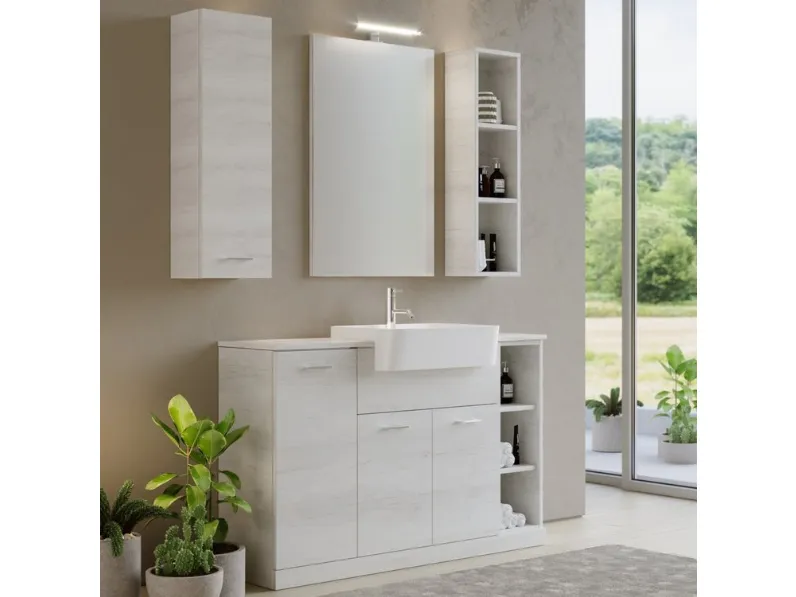 Mobile da Bagno a terra in melaminico bianco nuvola effetto legno con top in quarzo e lavabo a semincasso in mineralmarmo bianco lucido Arborea Comp 07 di Maxbagni