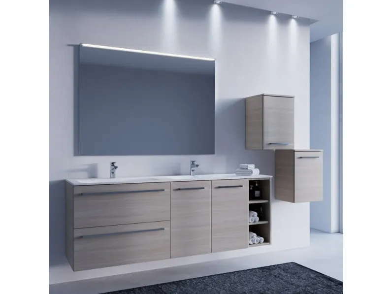 Mobile da Bagno sospeso in melaminico effetto legno Arborea con top in mineralsolid bianco opaco Comp 09 di Maxbagni