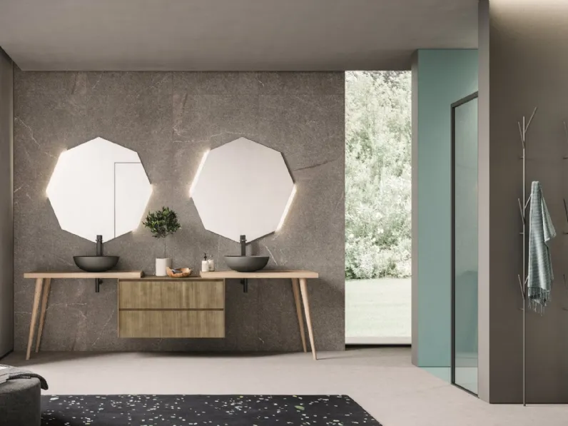 Mobile da Bagno a terra in rovere nodato naturale e laccato metal ottone con lavelli in ceramica Calix XL 03 di Novello