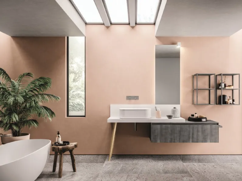 Mobile da Bagno in laccato metal acciaio, top in teknorit laccato bianco e gamba in rovere nodato naturale Calix XL 10 di Novello
