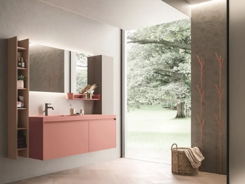 Mobile da Bagno sospeso in laccato rosa corallo opaco con top in teknorit dello stesso colore Calix XL 14 di Novello