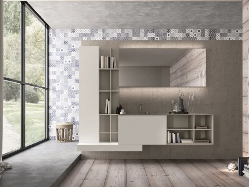 Mobile da Bagno sospeso in HPL bianco stone e laccato grigio con top in cristallo grigio chiaro lucido Calix XL 15 di Novello