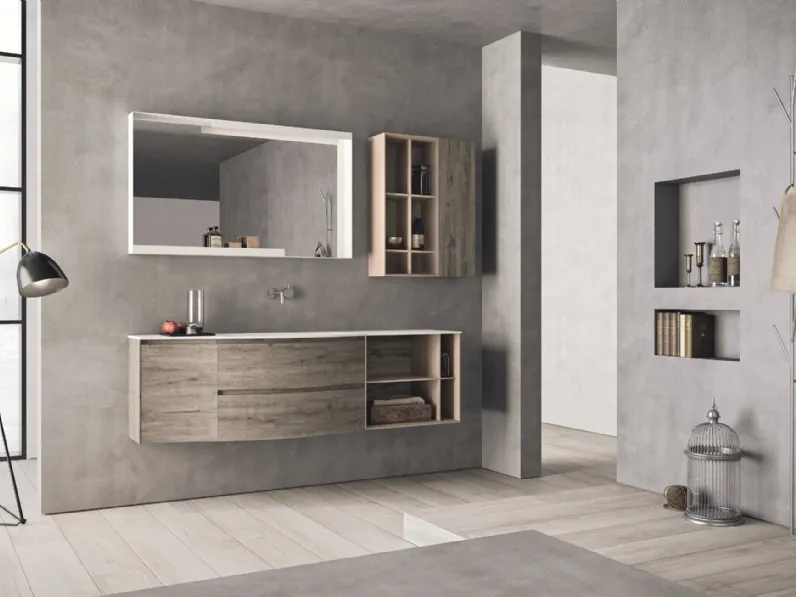 Mobile da Bagno sospeso con frontali curvi in HPL rovere barrique e laccato corda opaco Calix XL 16 di Novello