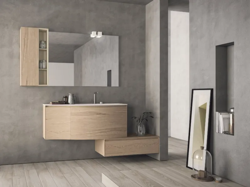 Mobile da Bagno sospeso con frontali curvi in HPL unicolor rovere naturale e lavabo integrato in teknorit bianco opaco Calix XL 17 di Novello