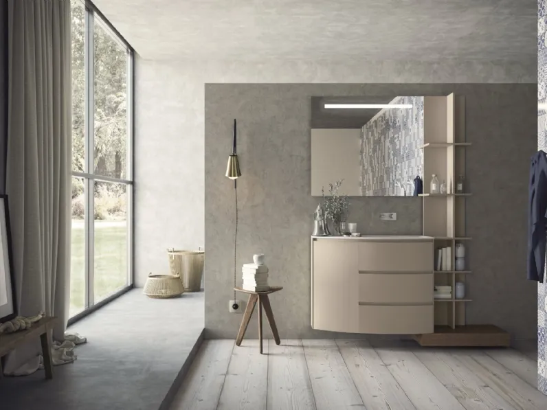 Mobile da Bagno sospeso con frontali curvi in laccato sabbia opaco Calix XL 18 di Novello