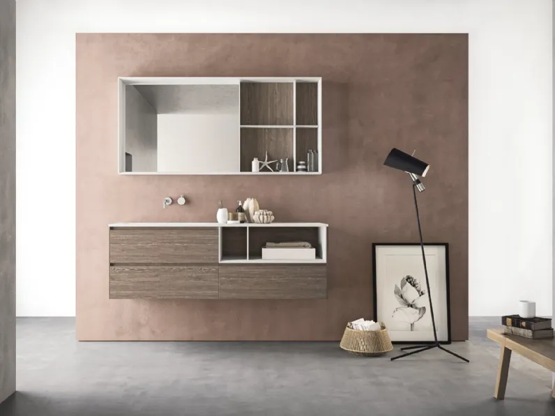 Mobile da Bagno sospeso in HPL unicolor rovere tabacco e lavabo integrato in Teknorit bianco opaco Calix XL 19 di Novello