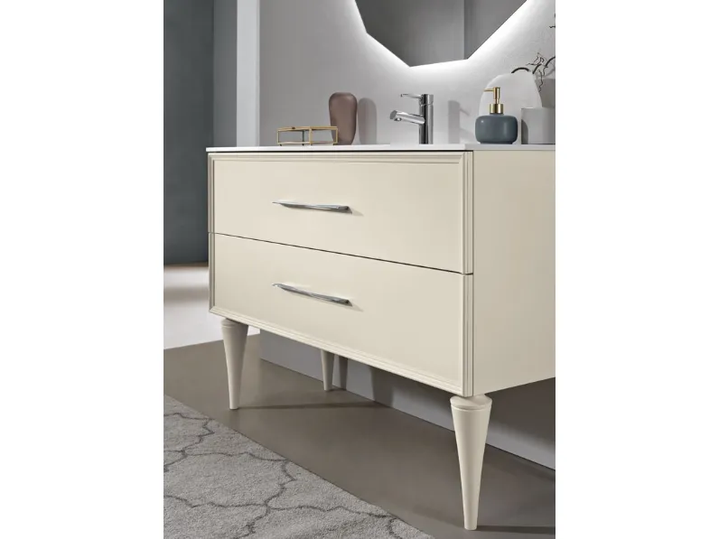 Mobile da Bagno con piedi Classic laccato opaco Avorio con maniglia Cromo e lavabo in mineralmarmo di Bluelife