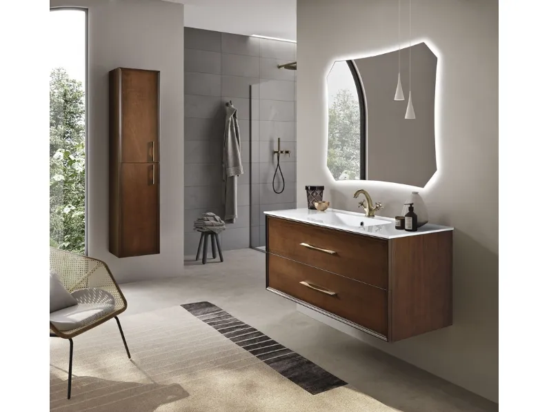Mobile da Bagno sospeso Classic finitura Noce chiaro con maniglia brunita di Bluelife