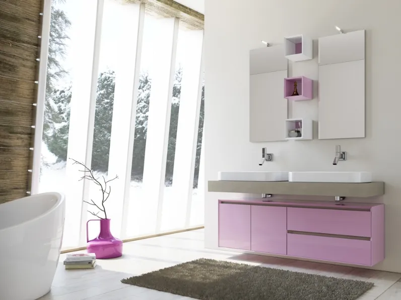 Mobile da Bagno sospeso Cloud 06 in laccato lucido rosa e laccato effetto cemento grigio chiaro di Arredoquattro