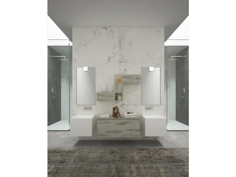 Mobile da Bagno sospeso Creativity 03 in rovere nodato tinta terre di Marte e laccato opaco bianco di Arredoquattro