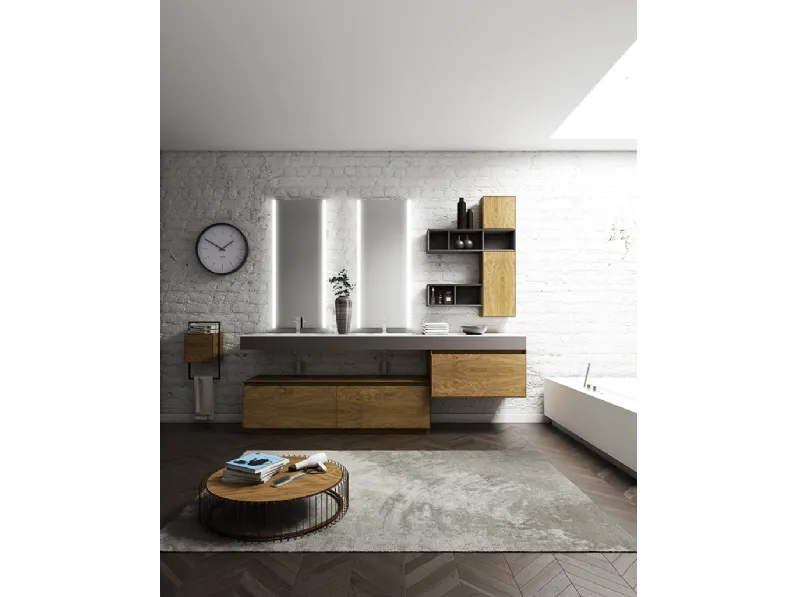 Mobile da Bagno sospeso Creativity 07 in rovere nodato e malta pietra d'Istria di Arredoquattro