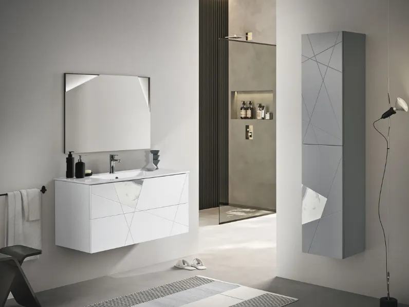 Mobile da Bagno sospeso Crizia laccato opaco Bianco con colonna laccata Grigio opaco entrambi con inserto in laminam Marmo Bianco di Bluelife