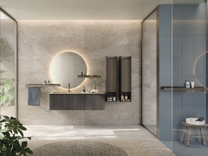 Mobile da Bagno sospeso in rovere fumo con top in laminam D'Art 04 di Novello