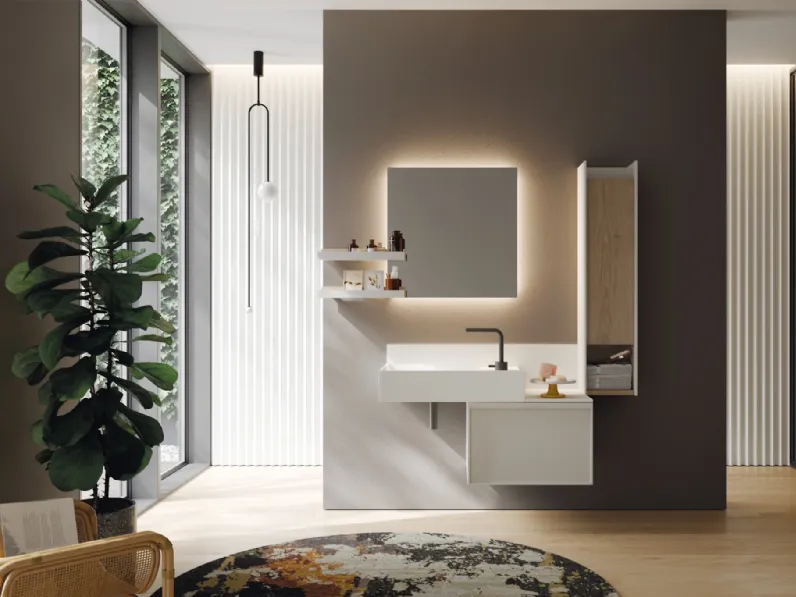 Mobile da Bagno sospeso in laccato opaco con pensile in rovere e lavabo in teknorit bianco opaco D'Art 05 di Novello