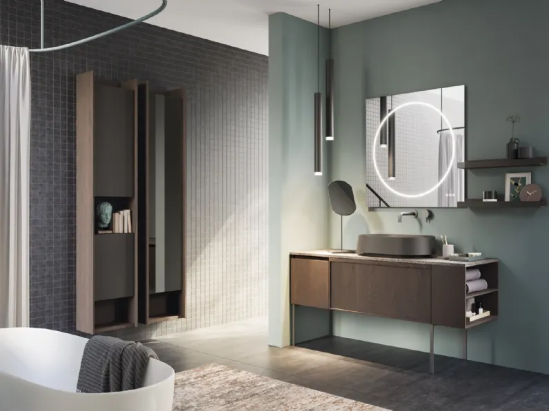Mobile da Bagno a terra in rovere e top in laminam porfido marrone fiammato D'Art 09 di Novello