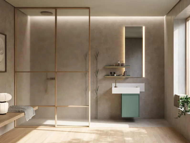 Mobile da Bagno sospeso in laccato opaco verderame e ottone D'Art 14 di Novello