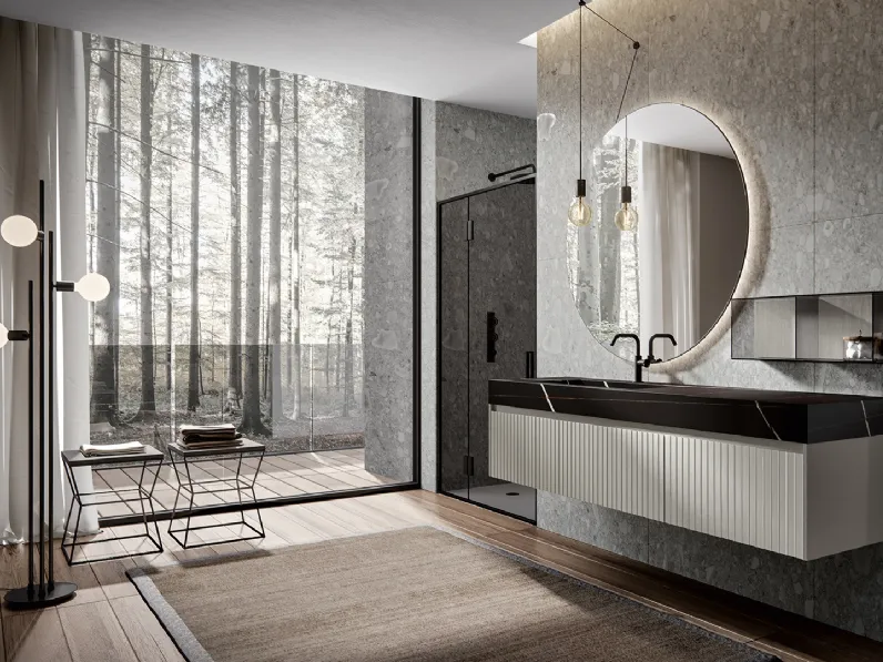 Mobile da Bagno sospeso Eos 2321 laccato opaco Quarzo con frontale finitura texture Veneziana e top in Gres di Edoné