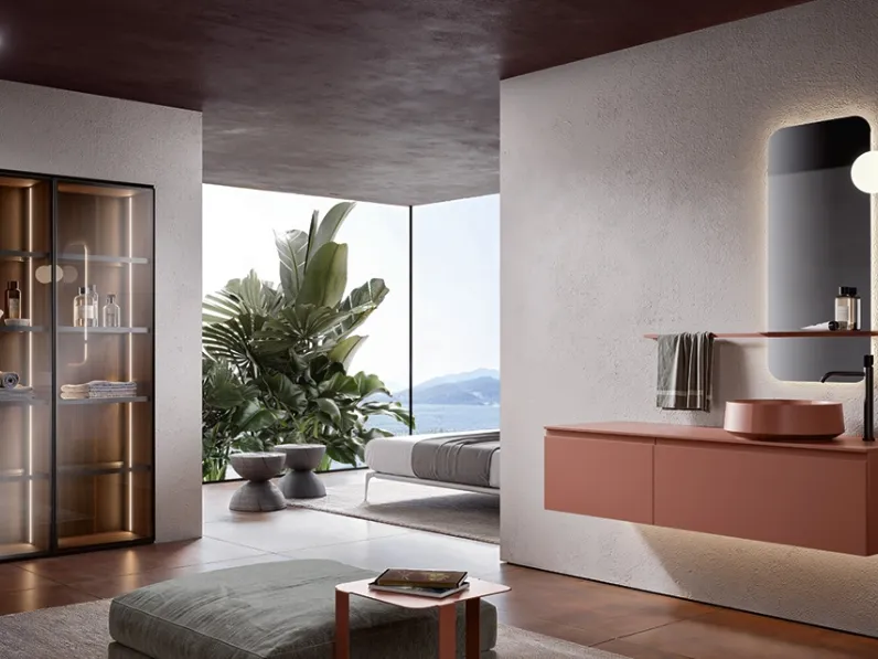 Mobile da Bagno sospeso Eros 05 in polimerico laccato pompelmo di Edoné