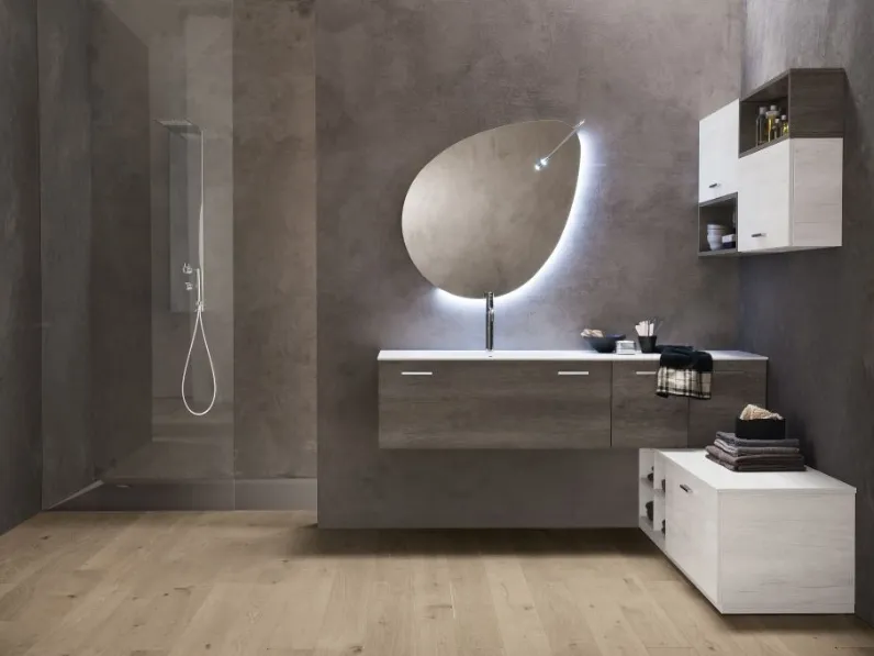 Mobile da Bagno sospeso effetto legno e gesso con top in bianco opaco Evo Plus 02 di Synergie