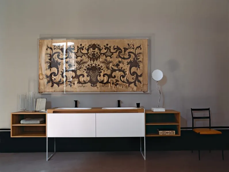 Mobile Bagno da appoggio in laccato bianco con top in legno Flat XL composizione 01 di Agape