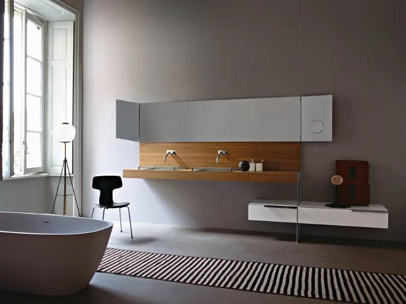 Mobile da Bagno sospeso in legno e laccato Flat XL composizione 11di Agape
