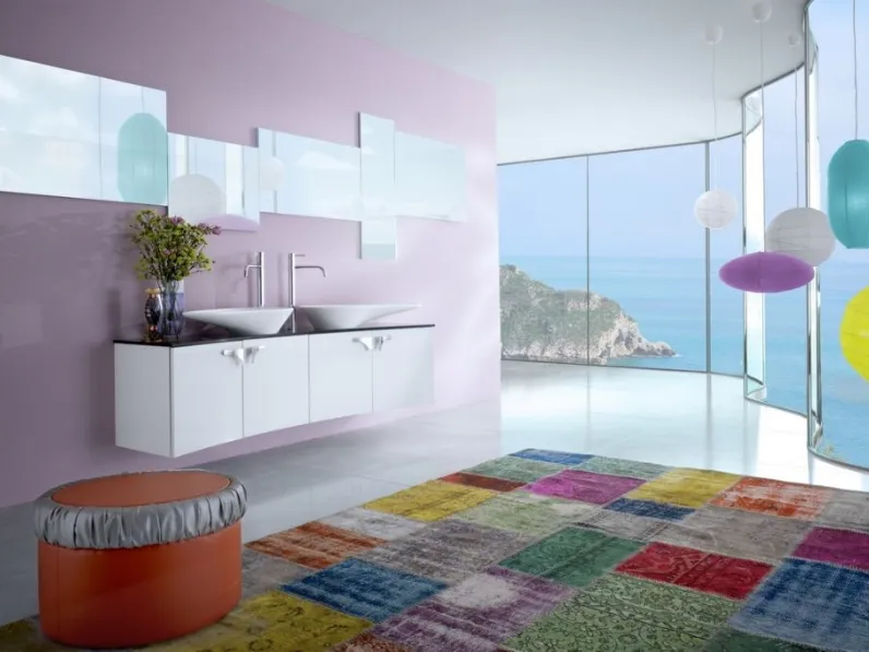 Mobile da Bagno sospeso in laccato bianco con top in vetro Forme Curvi 08 di Synergie