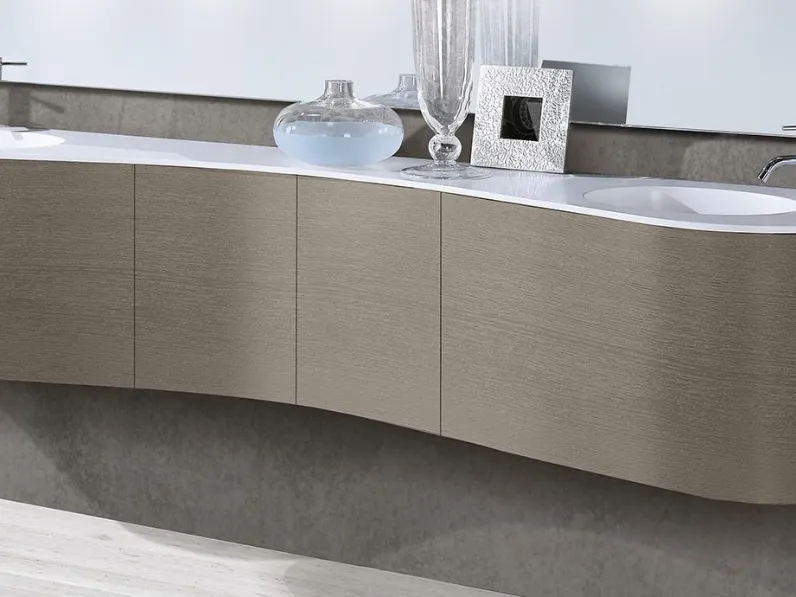 Mobile da Bagno sospeso Goccie 07 06 in Rovere spazzolato laccato Fango a poro aperto e top in Tecnoril bianco con vasche ovali integrate di Lavalle