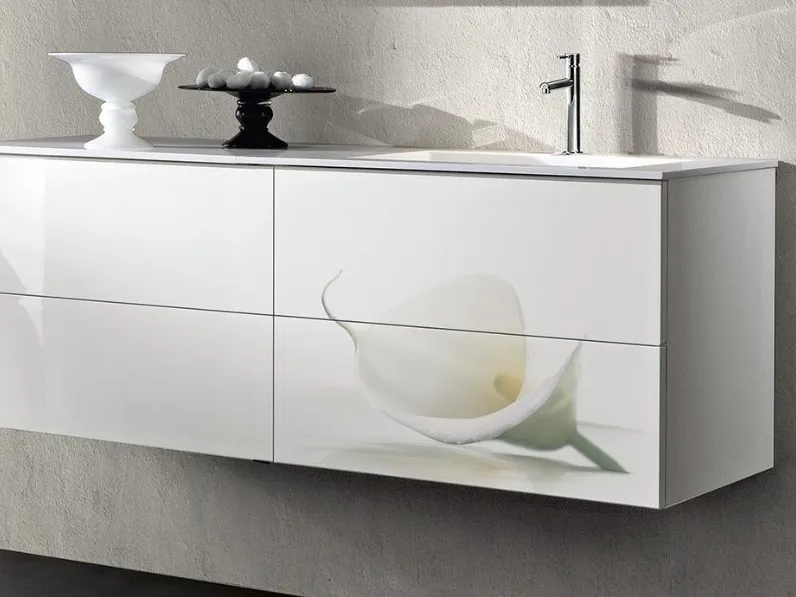 Mobile da Bagno sospeso Graffiti 05 01 in laccato Bianco lucido con stampa serigrafica floreale Calla di Lavalle