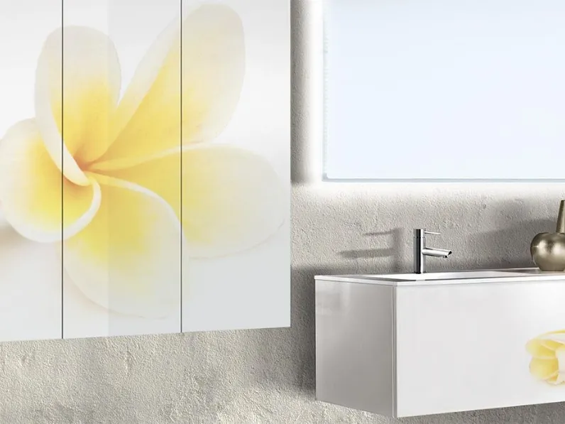 Mobile da Bagno sospeso Graffiti 05 03 in laccato Bianco lucido con stampa serigrafica floreale Frangipane di Lavalle