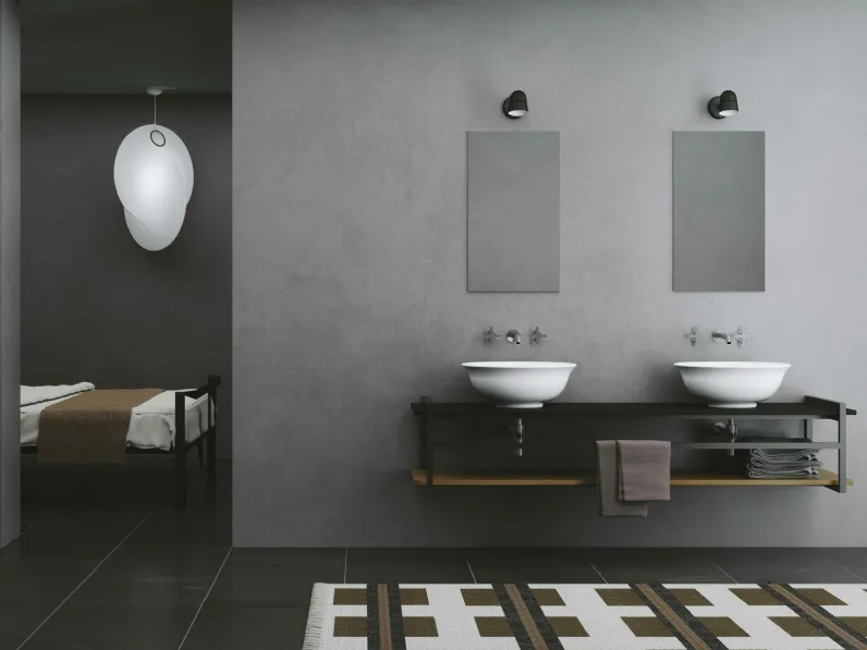 Mobile da Bagno sospeso in legno e ferro con due lavabi in ceramica Hang&Stand 01 di Azzurra Ceramica