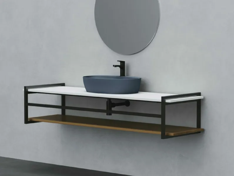 Mobile da Bagno sospeso Hang&Stand 02 in legno e ferro con top in laccato bianco opaco e lavabo in ceramica colorato di Azzurra Ceramica