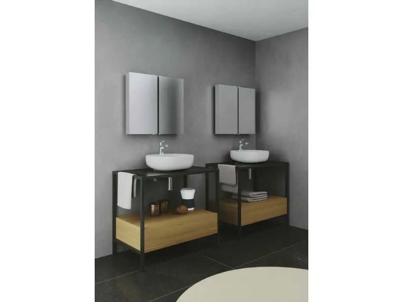 Mobile Bagno da appoggio in legno e ferro con lavabo in ceramica Hang&Stand 03 di Azzurra Ceramica