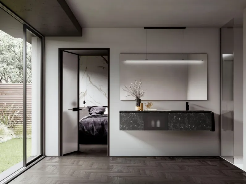 Mobile da Bagno sospesocon base in Hpl Impero e frontali in alluminio nero e vetro acidato Cubik 11 di Ideagroup