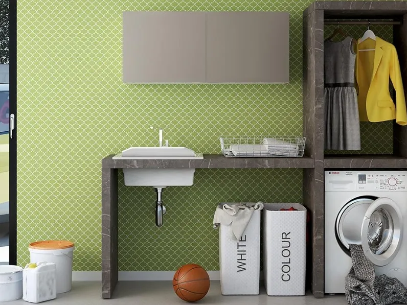 Mobile da Bagno per lavanderia Krea 02 05 in nobilitato con lavatoio in agglomerato di Lavalle