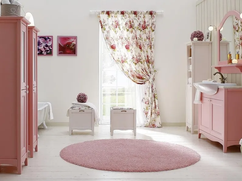 Mobile da Bagno a terra Racconti 09 02 in legno laccato Rosa e top in marmo bianco di Carrara di Lavalle