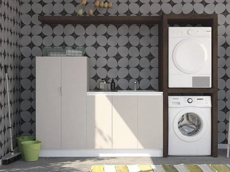 Mobile da Bagno per lavanderia Unispazio 03 04 in nobilitato e laminato Madreperla e agglomerato Bianco con vasca integratadi Lavalle