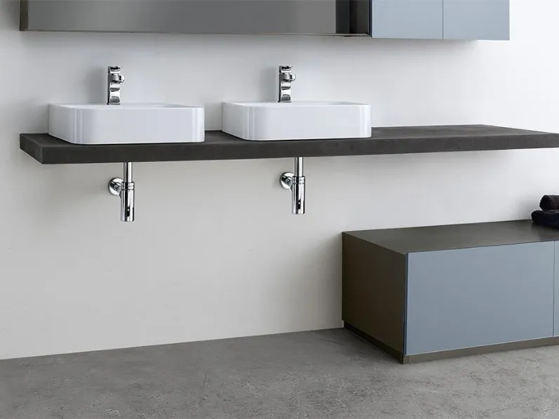 Mobile da Bagno a terra Via Veneto 01 06 in laccato Canna di Fucile e Avio con piano in malta cementizia ecologiaca finitura Piombo di Lavalle