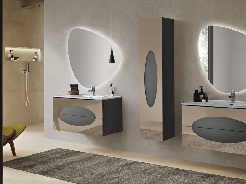 Mobile da Bagno sospeso Lia in laccato Antracite con inserti in Specchio Bronzo di Bluelife