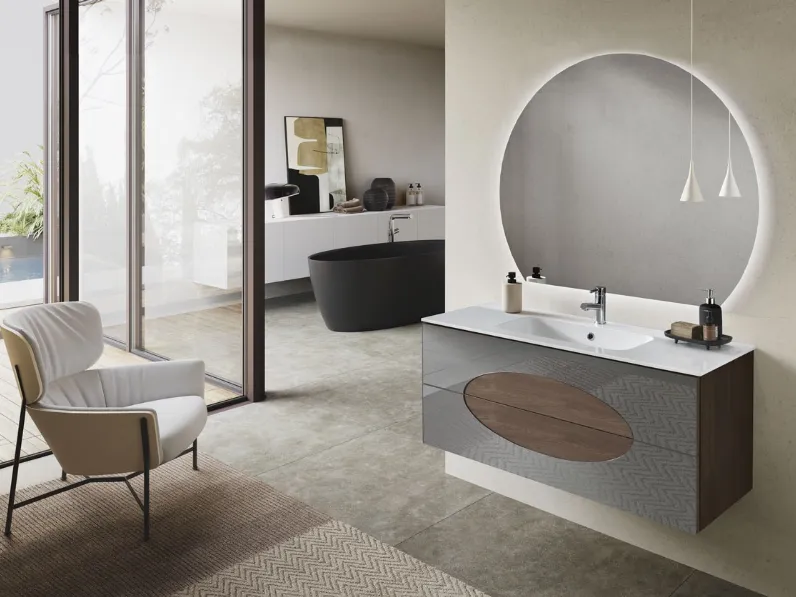 Mobile da Bagno sospeso Lia in melaminico Noce Americano con inserti in Specchio Fumè di Bluelife