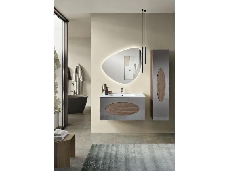 Mobile da Bagno sospeso Lia con colonna in melaminico Noce Americano con inserti in Specchio Fumè di Bluelife