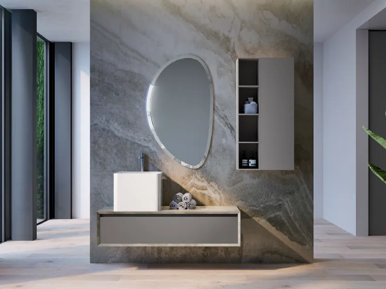 Mobile da Bagno sospeso in laccato opaco e HPL effetto marmo travertino composizione Q45 04 di Licor Design