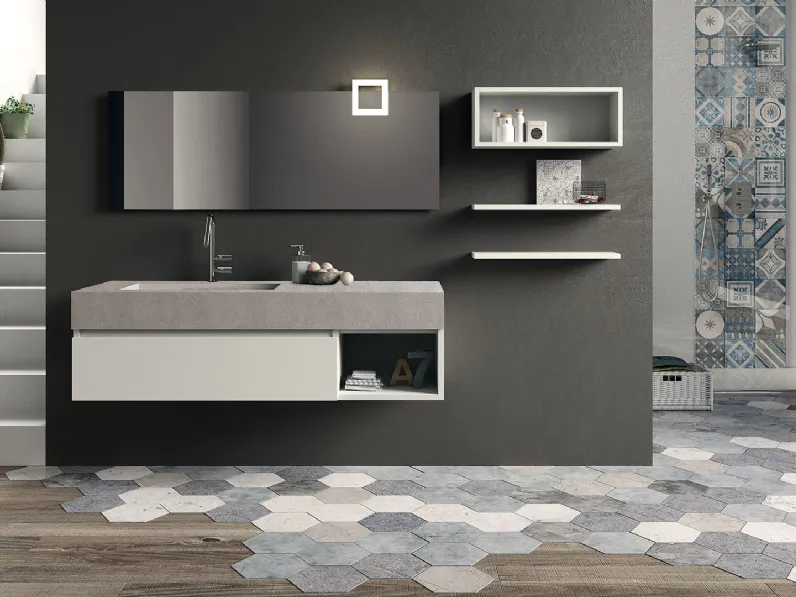 Mobile da Bagno sospeso in laccato opaco con top in ecomalta composizione Seven 07 di Licor Design