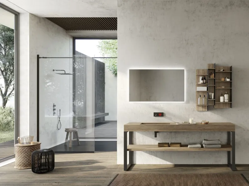 Mobile da Bagno a terra in HPL effetto rovere e struttura in metallo Lime 0 Comp ALL 011 di Azzurra