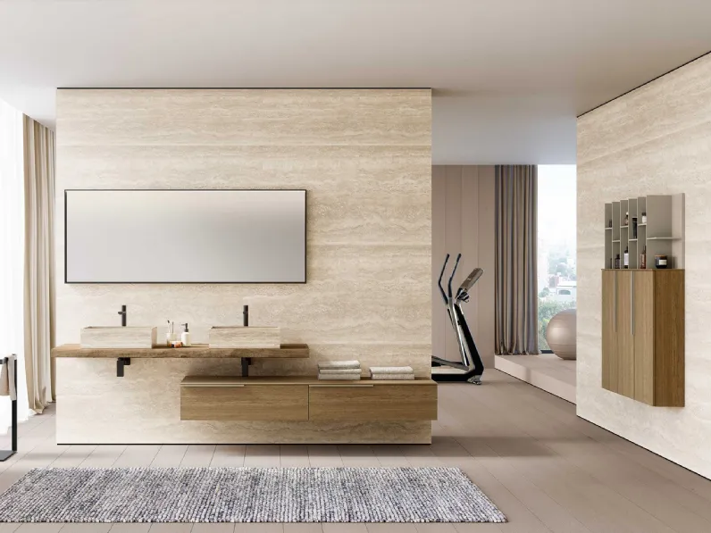 Mobile da Bagno Lime 1-0 Tratto 134 in Rovere Sabbia con lavabo in Gres Travertino di Azzurra