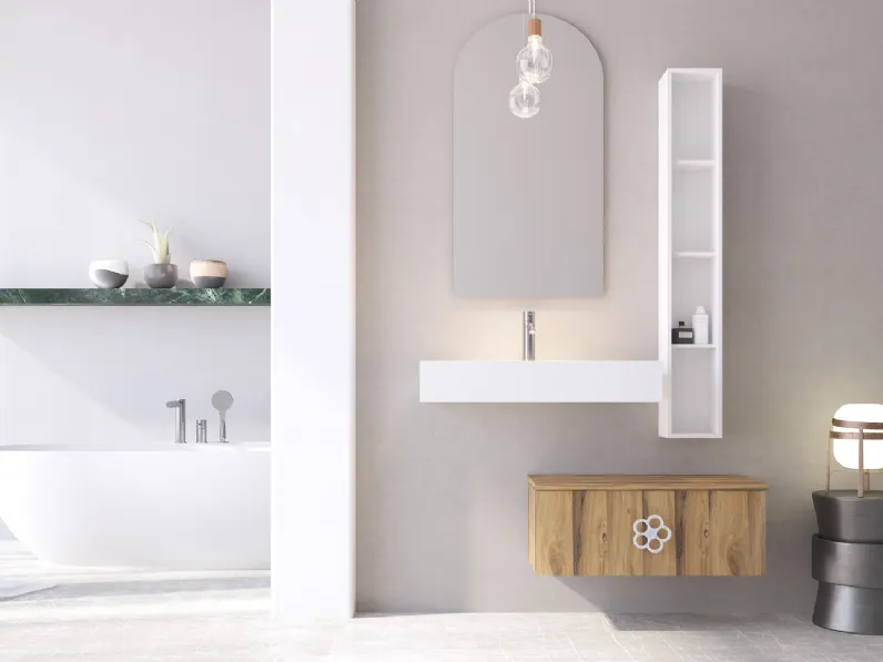 Mobile da Bagno sospeso in legno con maniglia in metallo a forma di fiore Linea LN33 di Arteba