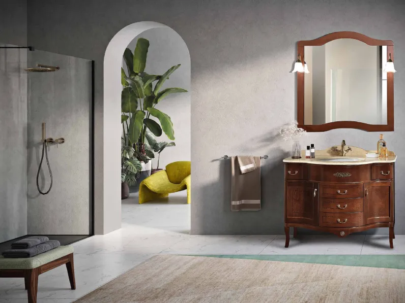 Mobile da Bagno London a due ante e 3 cassetti in Noce con top in marmo Giallo Ambra Egizio di Bluelife