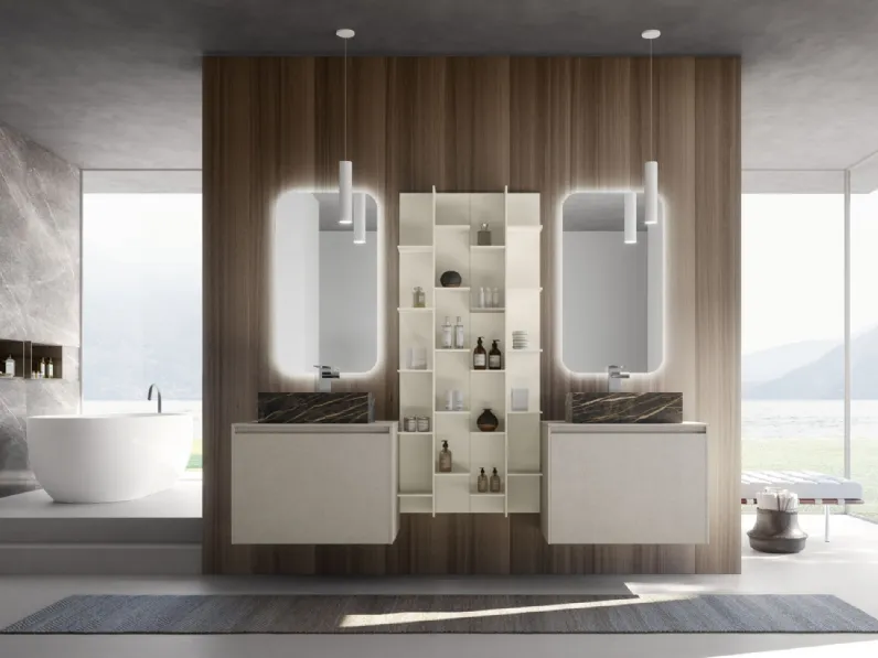 Mobile da Bagno sospeso M2 System 225 in laccato opaco Platino con lavabo in gres effetto marmo di Baxar